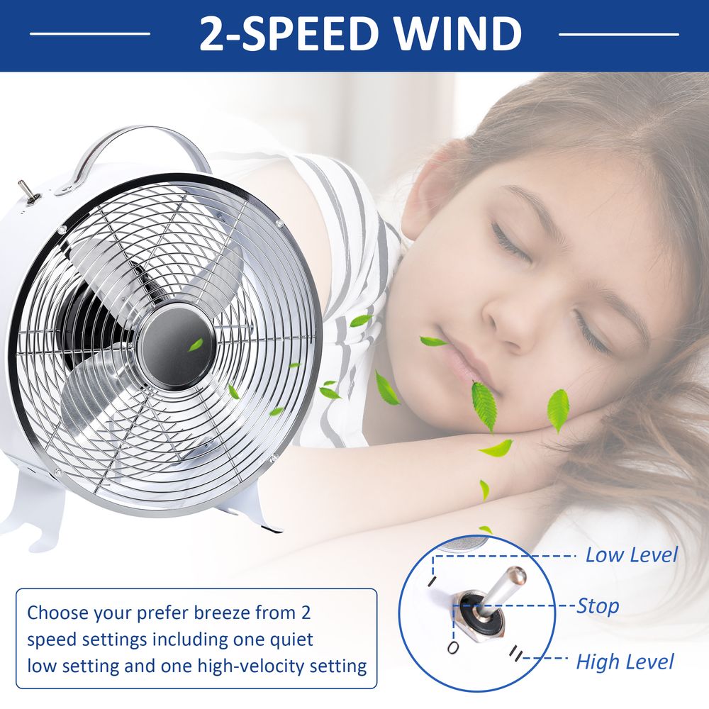 HOMCOM 10" 2-Speed Electric Table Desk Fan w/Safety Guard Anti-Slip Feet Portable Personal Cooling Fan Home Office Bedroom White