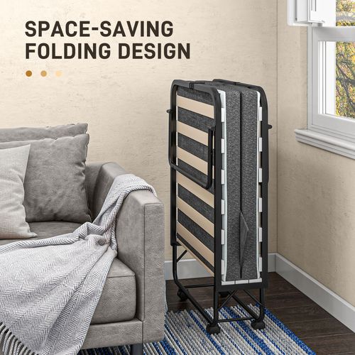 HOMCOM Folding Bed with Mattress Foldable Guest Bed on Wheels w/ Cover Dark Grey