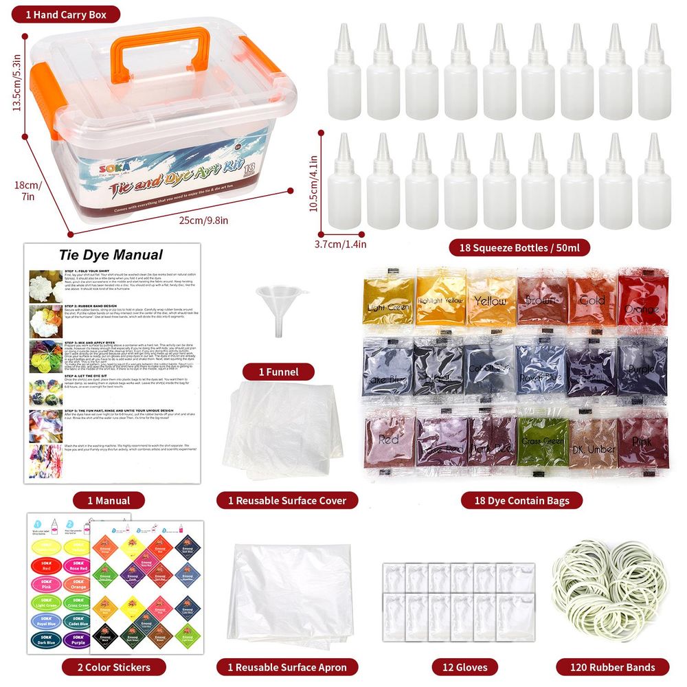 VIBRANT SOKA TIE DYE ART SET: Fun & Easy DIY Kit for Parties & Events - 18 Colors, Complete with Accessories - Safe & Non-Toxic - Ideal Gift for All Ages!