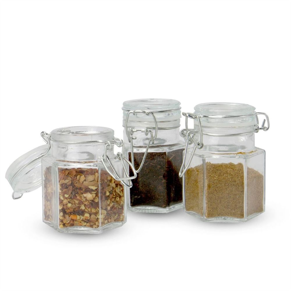 Hexagonal Spice Jars - Set of 12 | M&W | Vintage Glass Storage Containers | Airtight Lids | 100ml Capacity | Oven, Fridge, Dishwasher Safe