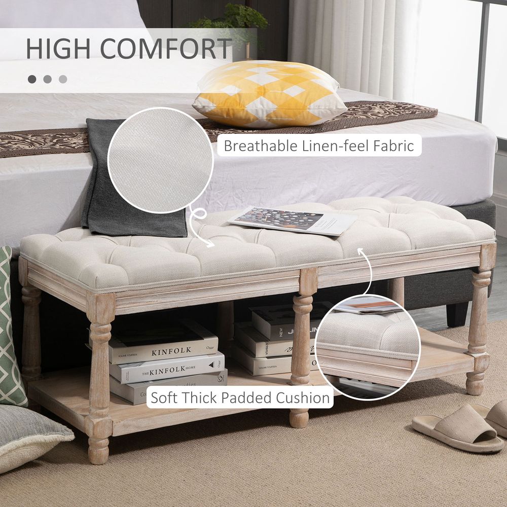 HOMCOM 2-Tier Bed End Bench, Vintage Stool, Wooden Window Seat with Storage Shelf, Button Tufted Upholstered Footstool for Living Room, Bedroom, Entryway, Cream White