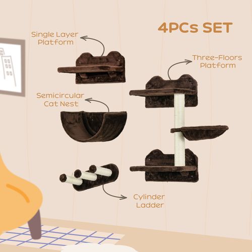 PawHut 4PCs Wall Mounted Cat Tree Cat Wall Shelves W/ Scratching Post