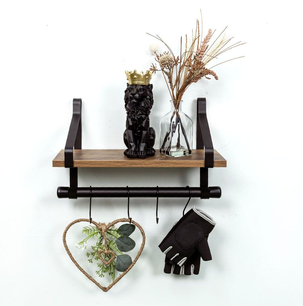 Dark Oak Wall Shelf with Black Rail - PARGI: Professional-Quality, 1 Tier, 15mm MDF+Iron, Black+Oak