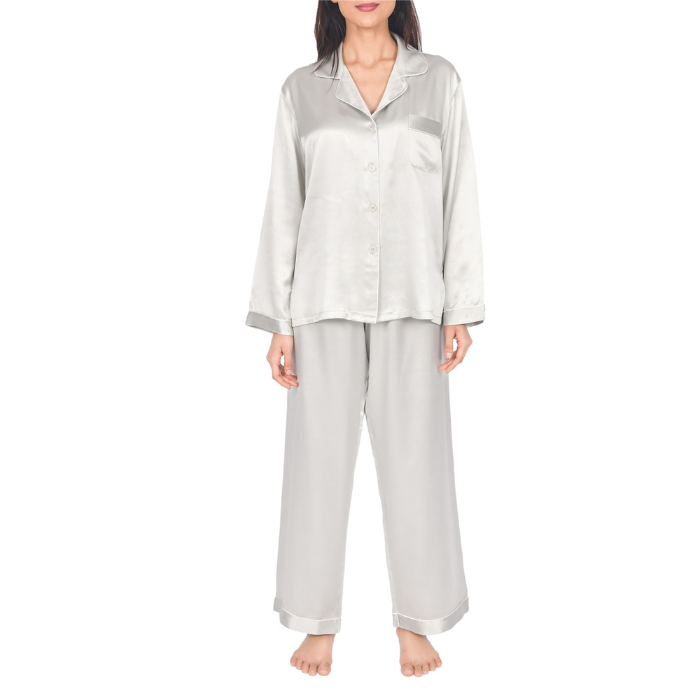 SILK PJS LONG SETS LADIES LARGE SILVER Pyjamas