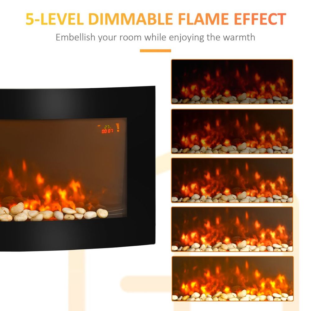 HOMCOM Electric Fireplace Wall Mounted Led Flame Curved Back Side Lights Heater
