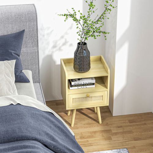 Bedside Tables, Set of 2, Boho Side End Table w/ Drawer, Storage Compartment