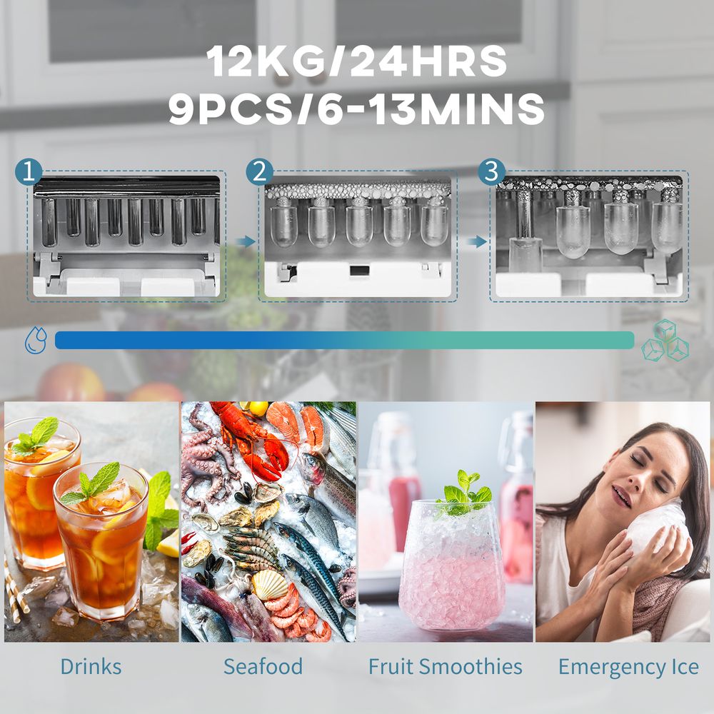 HOMCOM Portable Ice Cube Maker 12Kg/24 Hrs, 9Cubes/6-13Mins, 2 Cube Sizes