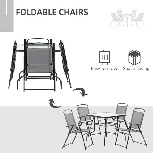5Pc Garden Dining Set 4 Folding Chairs, Glass Top Table Texteline Seats, Black