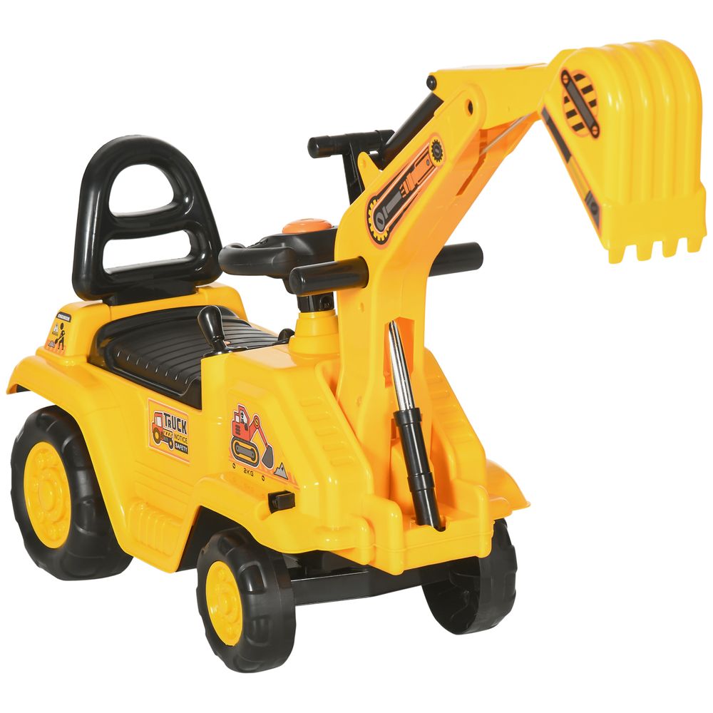 HOMCOM Ride On Tractor, 2 in 1 Kids Ride On Digger Pull Cart with Bucket, Under Seat Storage, Horn, High Backrest, Ride On Toy for 1.5-4 Years, Yellow