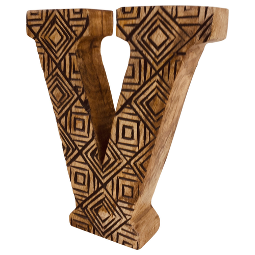 Hand Carved Wooden Geometric Letter V
