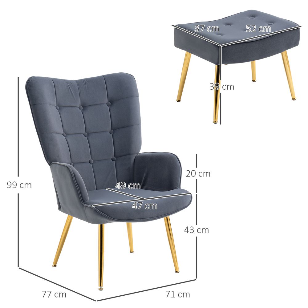HOMCOM Button Tufted Armchair with Footstool and Gold Tone Steel Legs Dark Grey