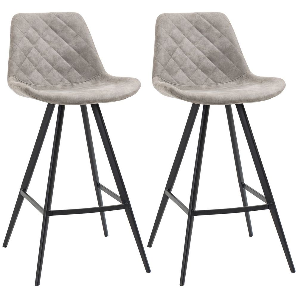 HOMCOM Set Of 2 Bar Stools Vintage Microfiber Cloth Tub Seats Padded Steel Grey