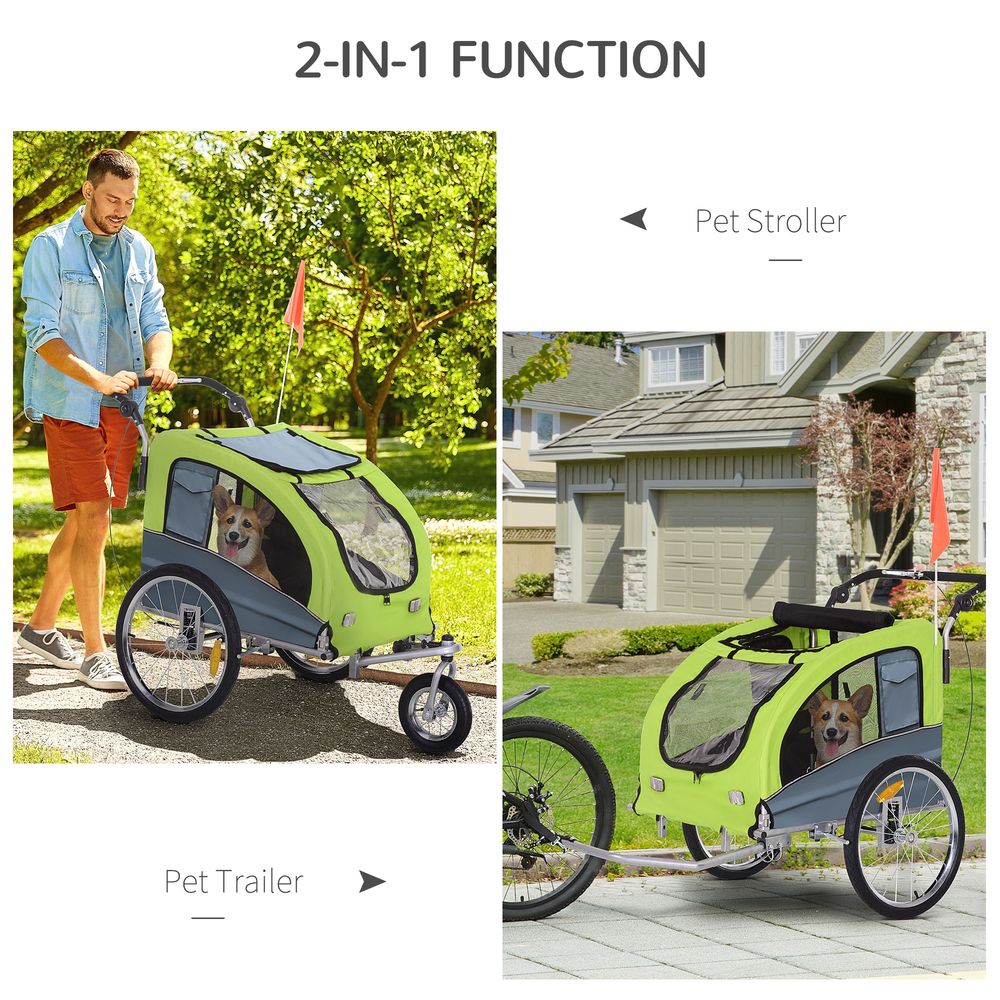PawHut Dog Bike Trailer Pet Stroller Cart Carrier for Bicycle 360° Rotatable with Reflectors 3 Wheels Hitch Coupler Push/Pull/Brake Water Resistant Green