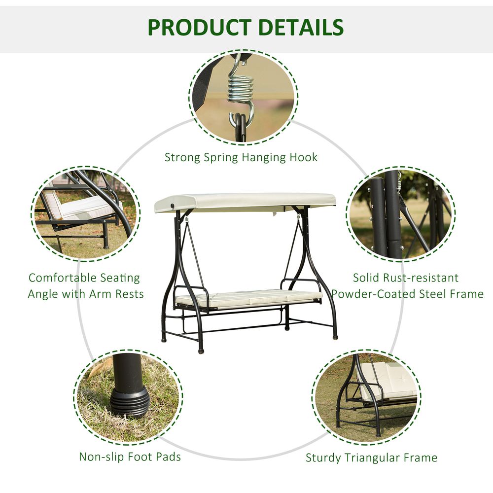 Outdoor Swing Chair - 185L*125D*173H cm - Beige/Black - Metal Frame - Canopy - Cushions - 3 Person Seating - High Load Capacity - Assembly Required