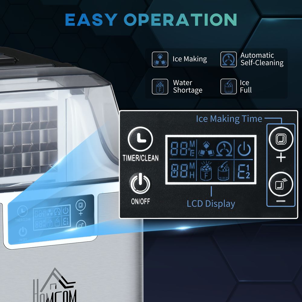 HOMCOM Ice Maker Machine Countertop, Stainless Steel Portable Ice Cube Maker, 2 Ways to Add Water, 24kg/Day, 24 Pcs Ready in 14 Mins, Self-Cleaning with Scoop & Basket, 3.2L, for Home Office, Silver