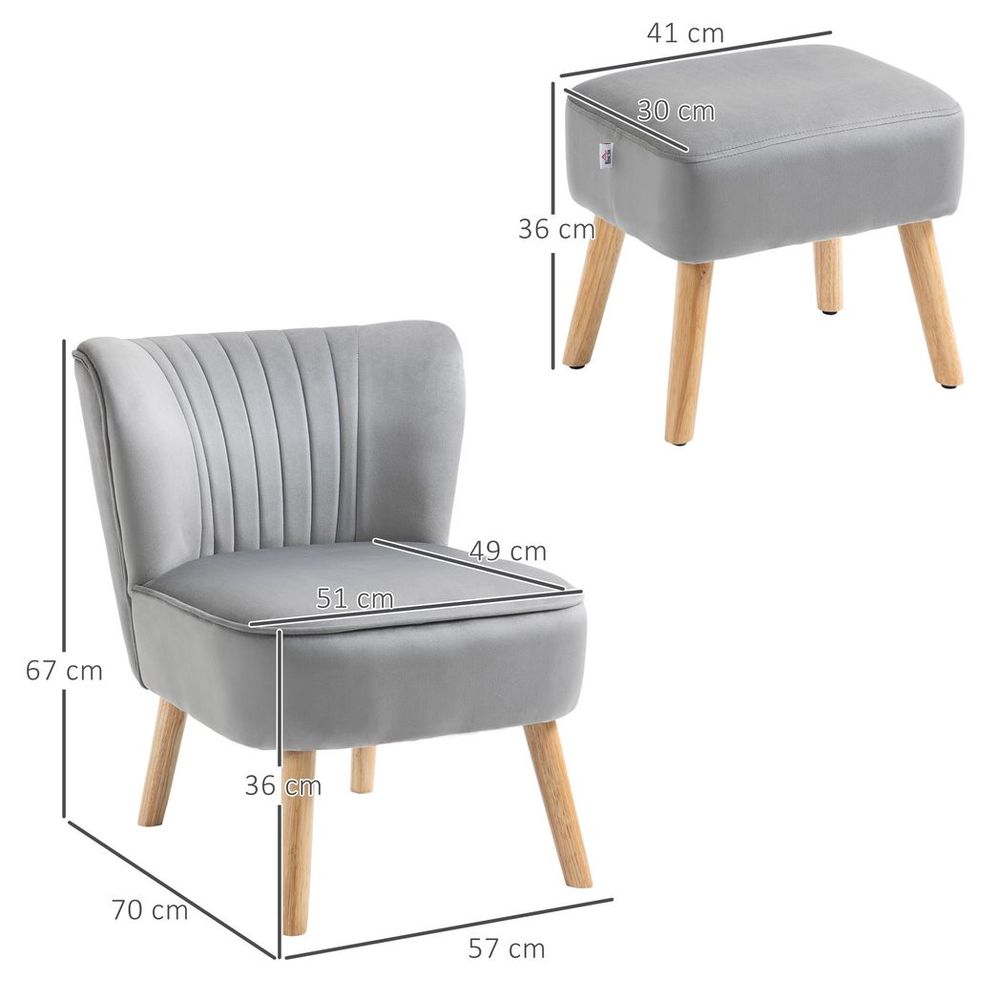 Luxury Velvet Accent Chair w/ Ottoman - Plush Padding, Wood Legs - Light Grey