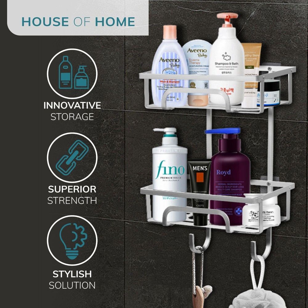 Self Adhesive 2 Tier Aluminium Shower Caddy with Bottom Hooks