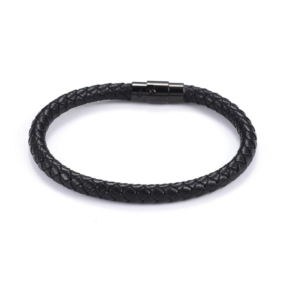 Men's Black Leather Rope Bracelet - Trendy Stainless Clasp - Perfect Gift for Him