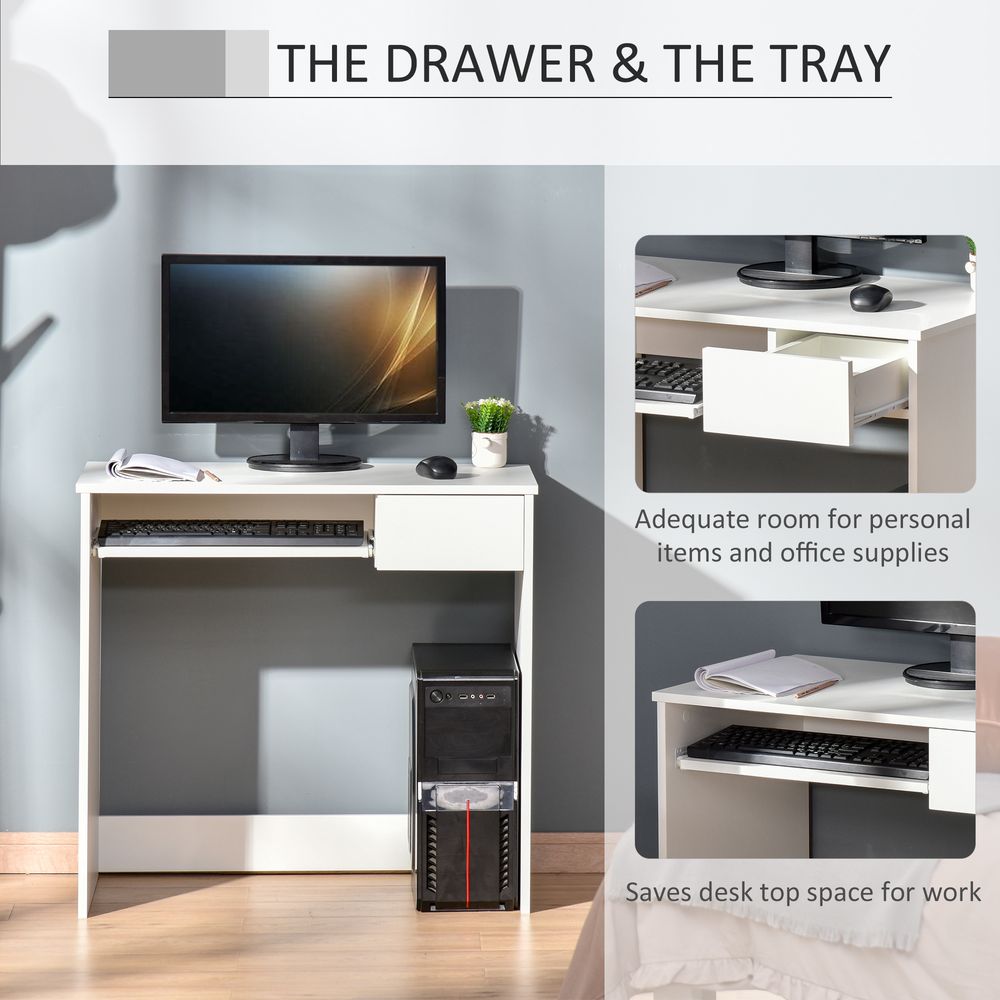 Space-Saving White Computer Table w/ Keyboard Tray - High-Quality & Versatile - Perfect for Study, Office or Bedroom