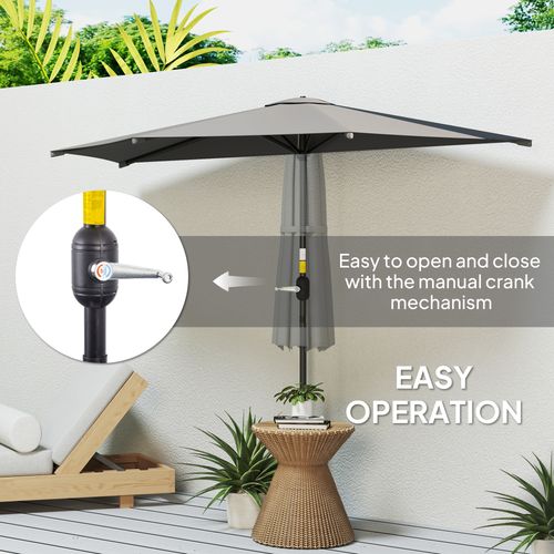 Outsunny 3(m) Half Round Parasol Garden Sun Umbrella w/ Crank Dark Grey