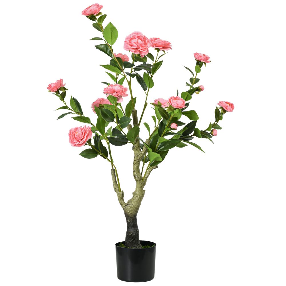 Long-Lasting HOMCOM Potted Artificial Plants, Indoor Outdoor Camellia Flower, Pink