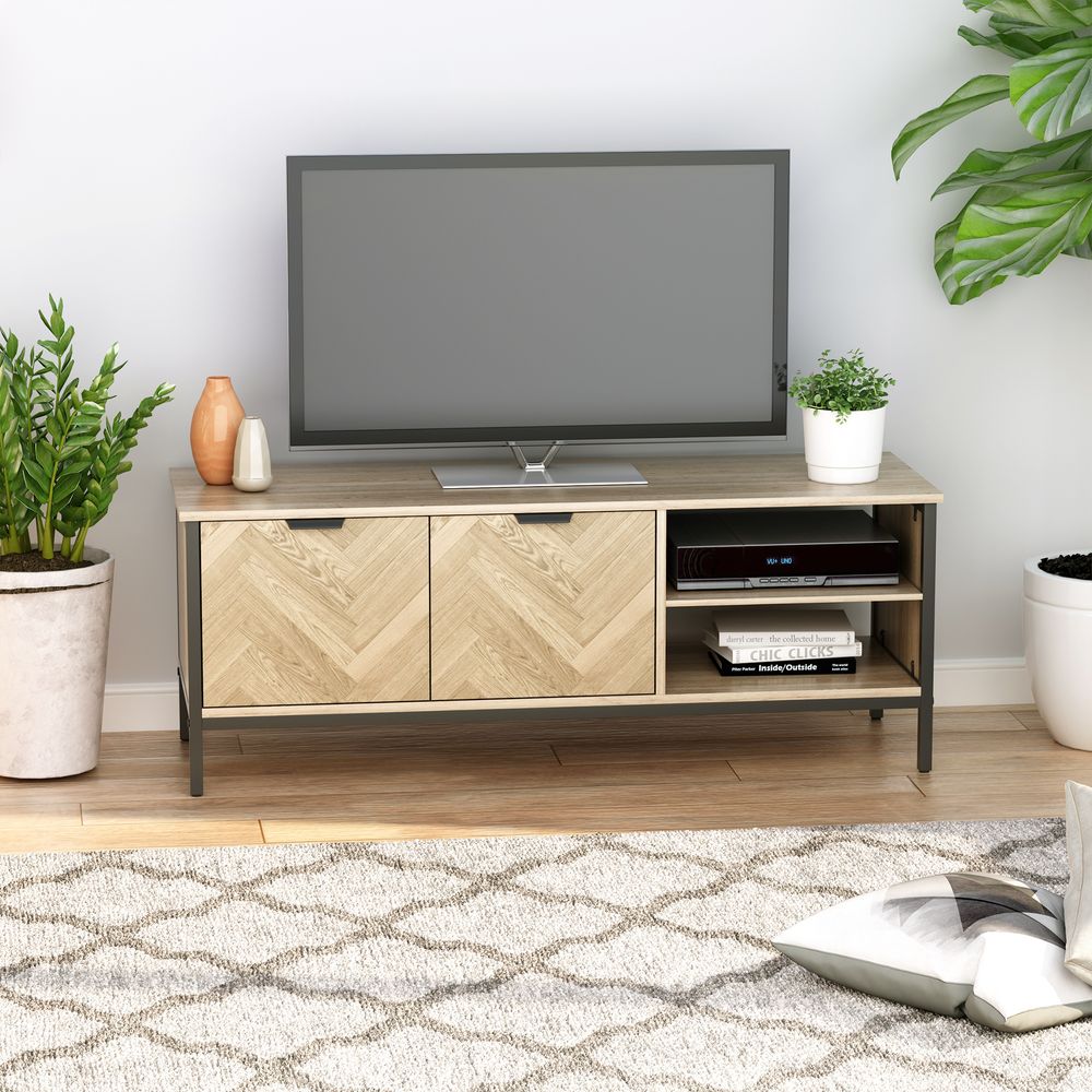 HOMCOM TV Stand for TVs up to 55 Inches, 2 Doors TV Cabinet with Adjustable Open Shelves for Living Room, Bedroom, Entertainment Room, Natural Wood