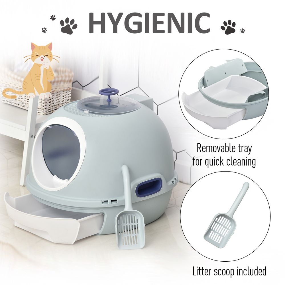 PawHut Cat Litter Box Toilet with Litter Scoop Enclosed Drawer, Front Entry Top Exit, Easy To Clean Blue