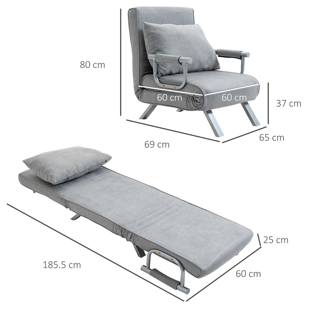 HOMCOM Modern 4-In-1 Single Sofa Bed Sleeper Foldable Portable Armchair Bed Chair Lounge Couch with Pillow for Living Room, Bedroom, Light Grey