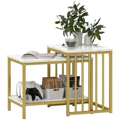 HOMCOM Modern Coffee Table Set of Two w/ Steel Frame Marble-Effect