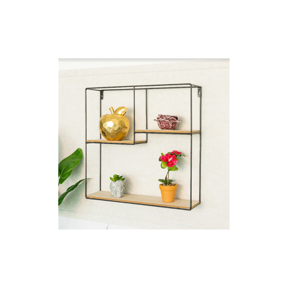 SHLEDECOR Square Black Wall Unit with Shelves Metal and Wood Multi Section