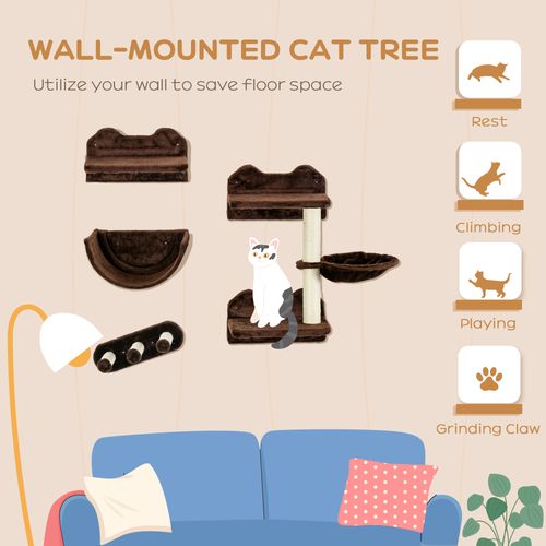 PawHut 4PCs Wall Mounted Cat Tree Cat Wall Shelves W/ Scratching Post