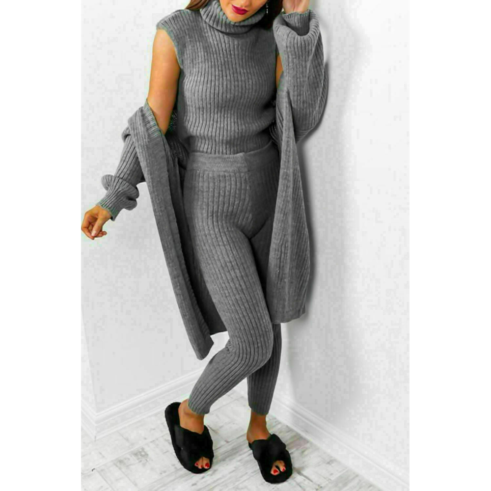 Ladies 3 Piece Suit Roll Neck Chunky Knitted Ribbed Tracksuit Lounge Set