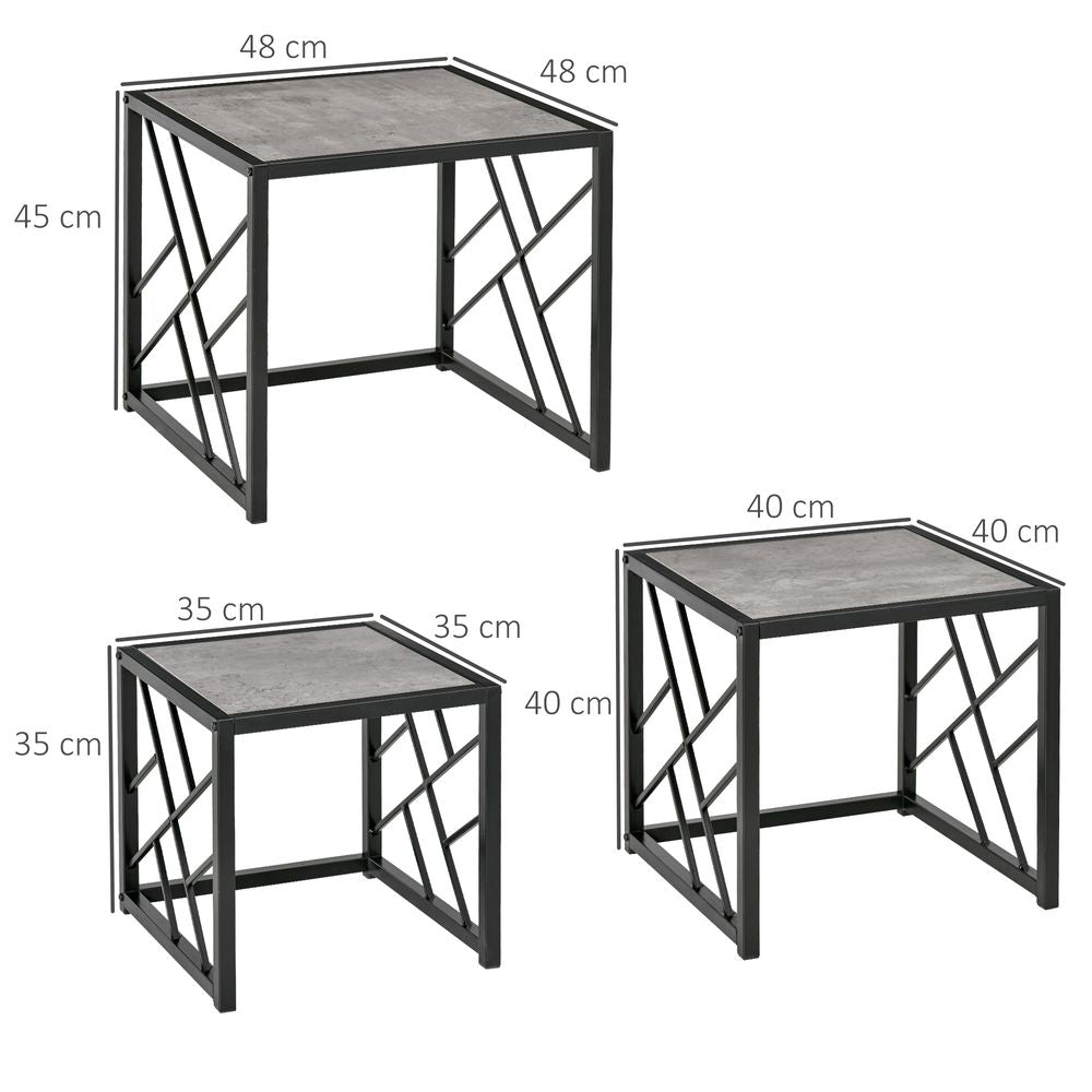 HOMCOM Nesting Coffee Tables, Set of 3 Square Side Tables with Black Metal Frame, for Living Room, Bedroom and Office, Grey