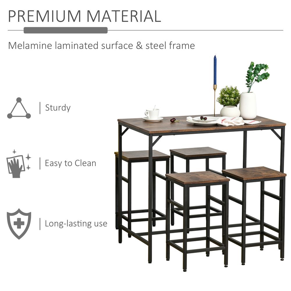 MDF Industrial 5-Pc Dining Set: Table & 4 Stools - Black/Brown, Quality & Space-Saving