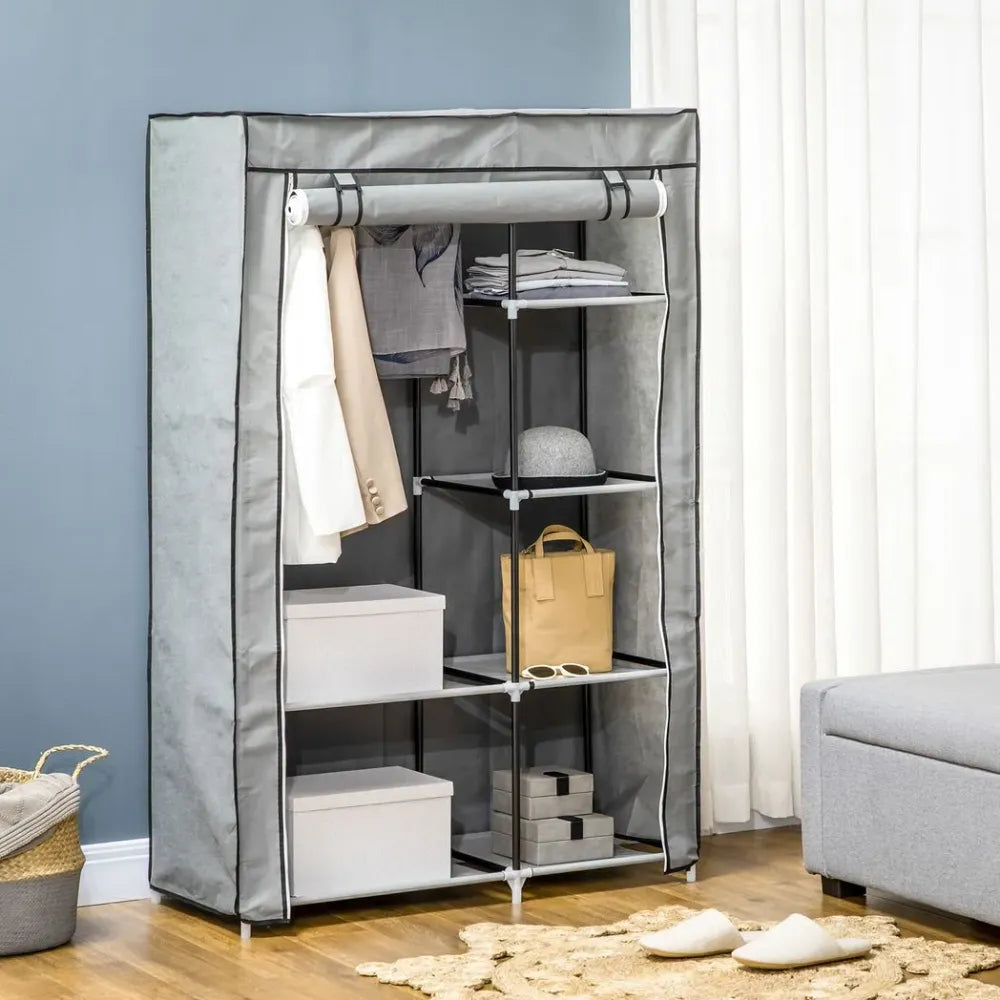 Fabric Wardrobe Portable Wardrobe with 6 Shelves 1 Hanging Rail Light Grey