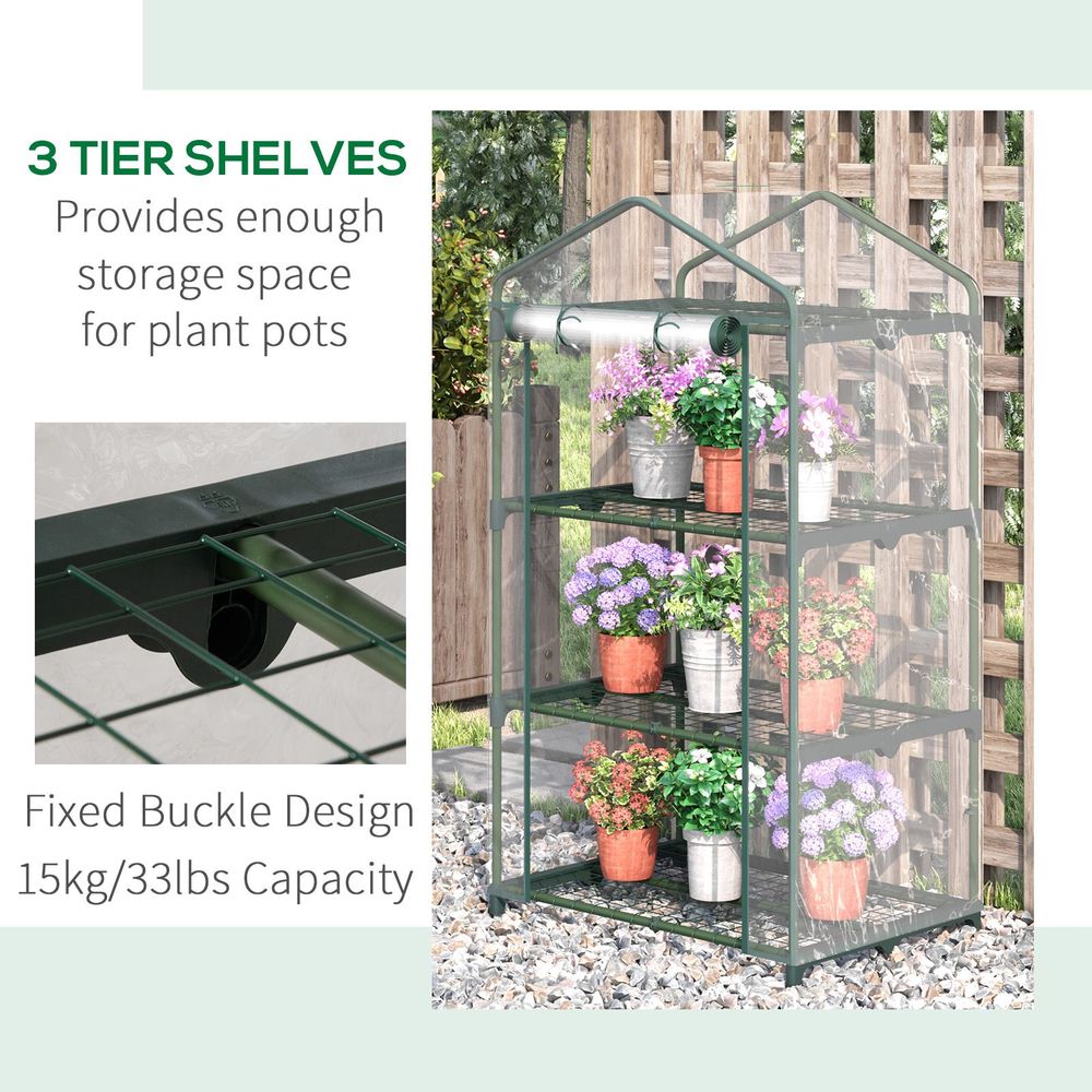 Premium 3 Tier Mini Greenhouse, Roll Up Door, Wire Shelves, 69x49x125cm