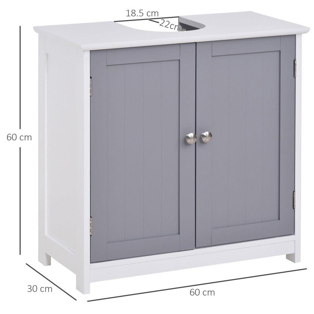kleankin 60x60cm Under-Sink Storage Cabinet w/Adjustable Shelf Handles Drain Hole Bathroom Cabinet Space Saver Organizer White and Grey