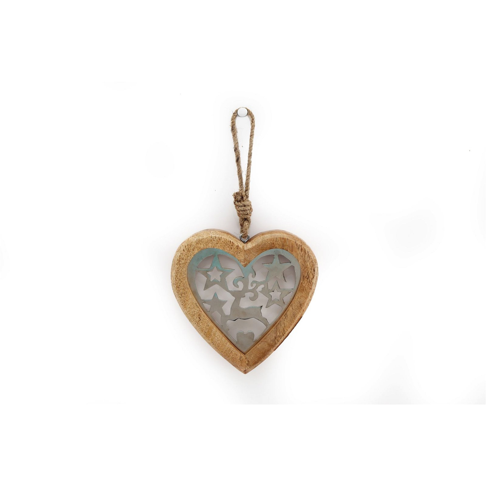 Artisanal Wood Heart: Metal Reindeer & Stars