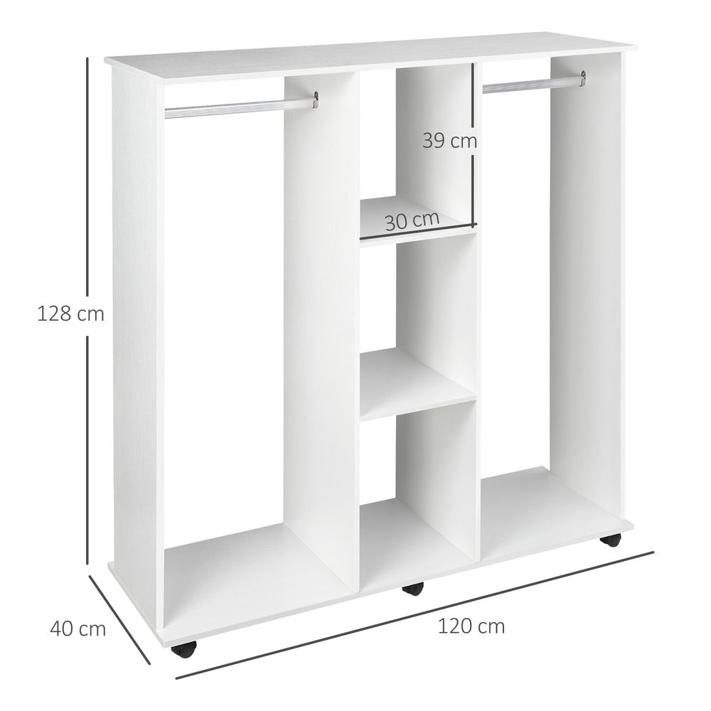 Mobile Double Open Wardrobe w/ Clothes Hanging Rail Colthing White