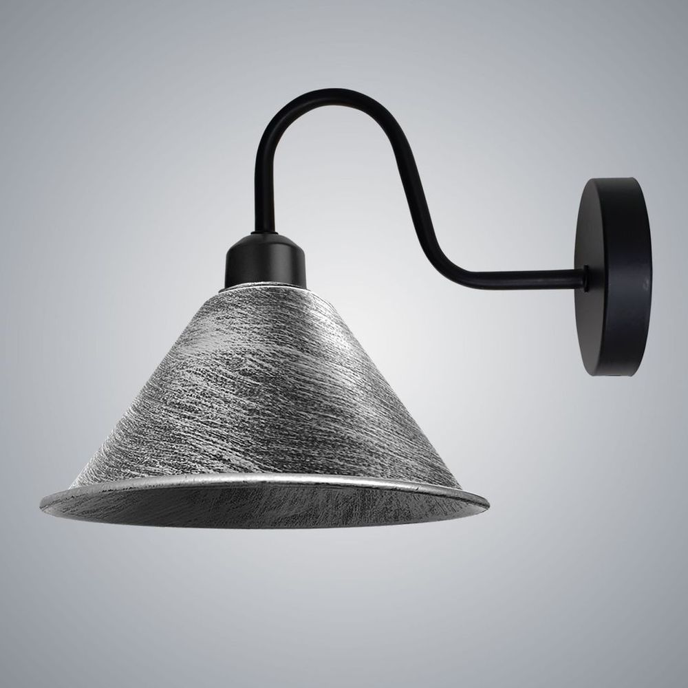 Vintage Silver Wall Sconce - Cone Shape Shade, Swan Neck Arm, Dimmable, E27 Base - Perfect for Indoor Lighting