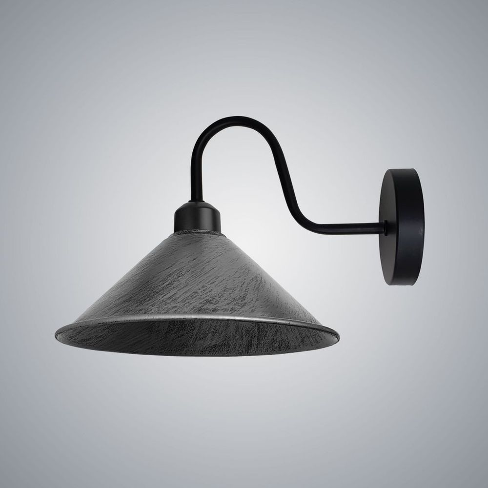 Vintage Wall Light Fixture, Brushed Silver, E27 Base, Black Cone Shade - Perfect for Indoor Lighting, 3 Year Warranty, CE/RoHS Certified