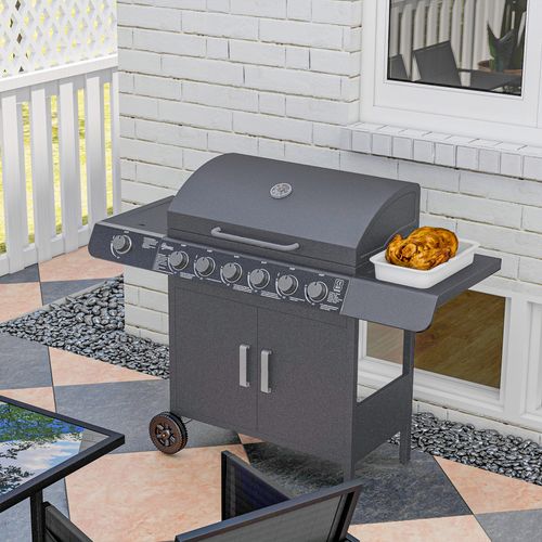 Outsunny 6+1 Burner Gas BBQ Grill Garden Barbecue with Wheels, Cabinet Grey