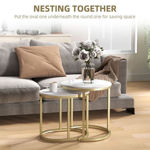 HOMCOM 2 Pcs Coffee Table with Faux Marble Side Accent Tables White