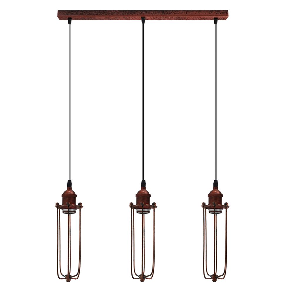 Vintage Rustic Red Pendant Lamp - 3 Head Reactangle Base, Metal Shade, E27 Base, Brushed Light, Long Wire - High Quality