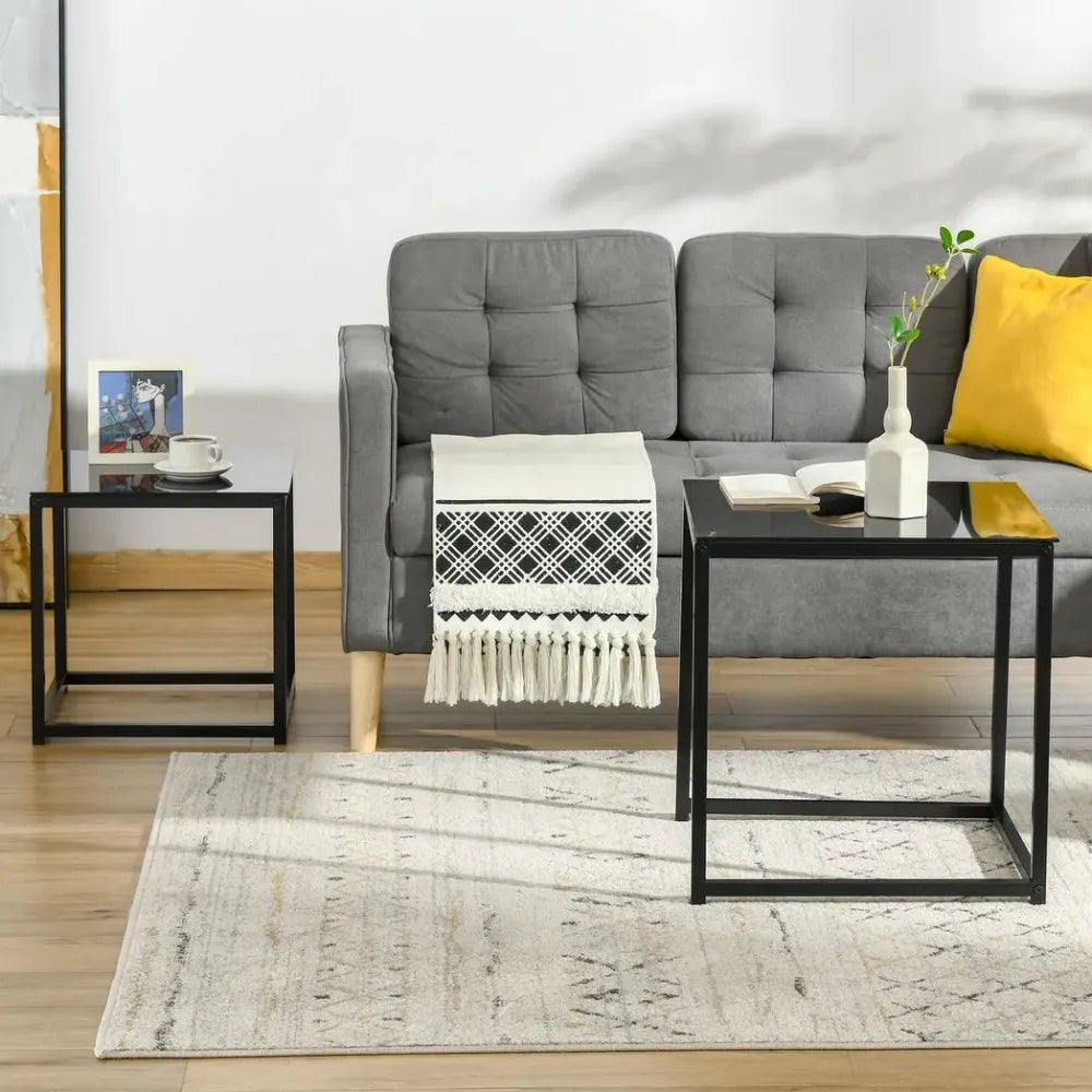 Nest of 2 Side Tables Set of Bedside Tables w/ Tempered Glass Desktop Black