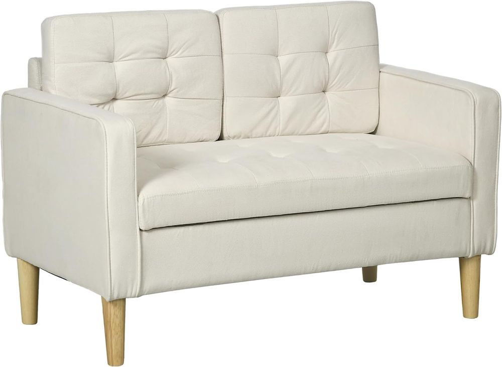 HOMCOM Compact Loveseat Sofa 2 Seater Sofa with Storage and Wood Legs Cream