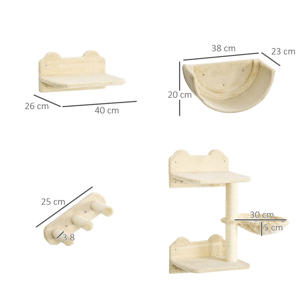 PawHut 4PCs Wall Mounted Cat Tree Cat Wall Shelves Furniture Climbing Shelf Set Kitten Activity Centre with Hammock, Scratching Post - Beige