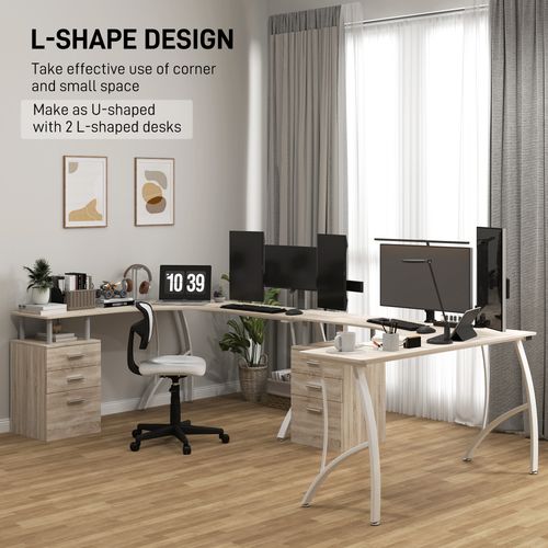 HOMCOM L-Shaped Corner PC Desk Table w/ Drawer Home Office Workstation, Oak
