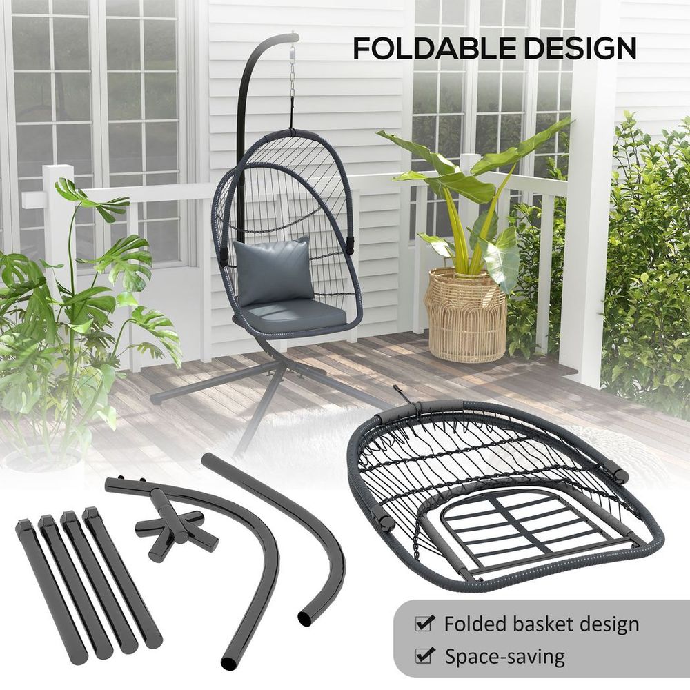 Hanging Swing Chair w/ Cushion, Patio Chair, Grey - Strong Steel Frame, Foldable Seat, Outdoor/Indoor Use - 150kg Capacity