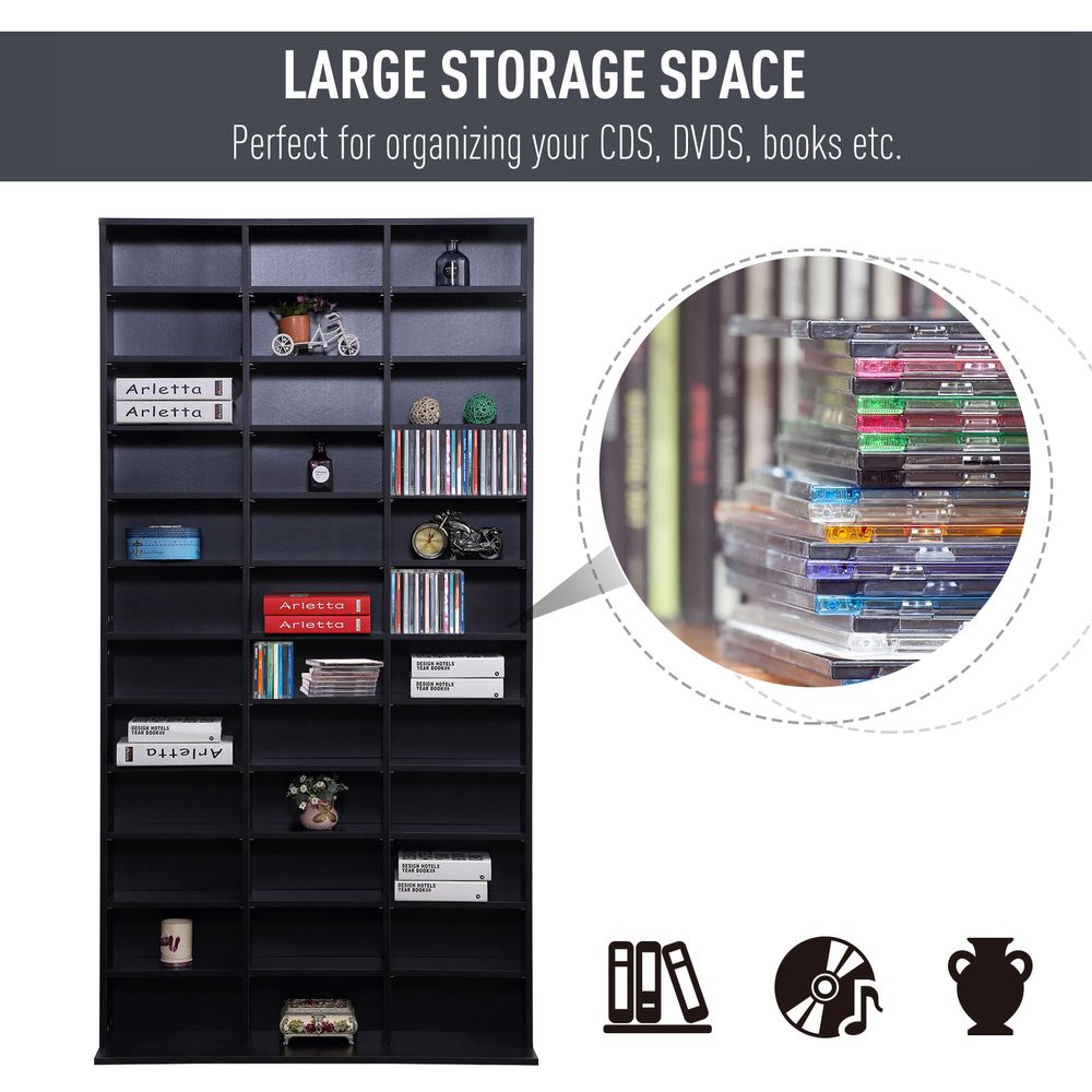 HOMCOM CD DVD Media Storage Shelves Display Shelf Racks Wooden Frame Black (for 1116 CDs or 528 DVDs/Blu-rays)